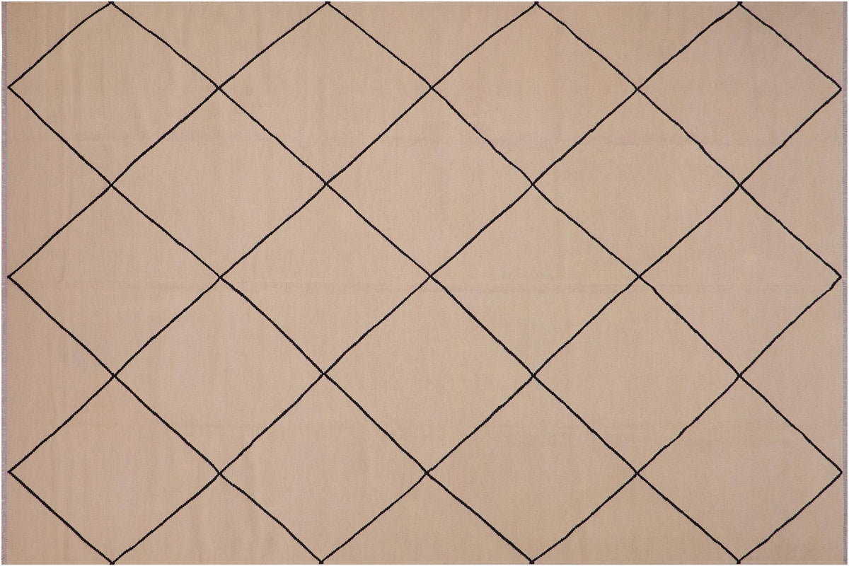 8x11 hand woven Turkish Flat Weave Kilim wool rug in beige and black - Abstract Turkish Sander