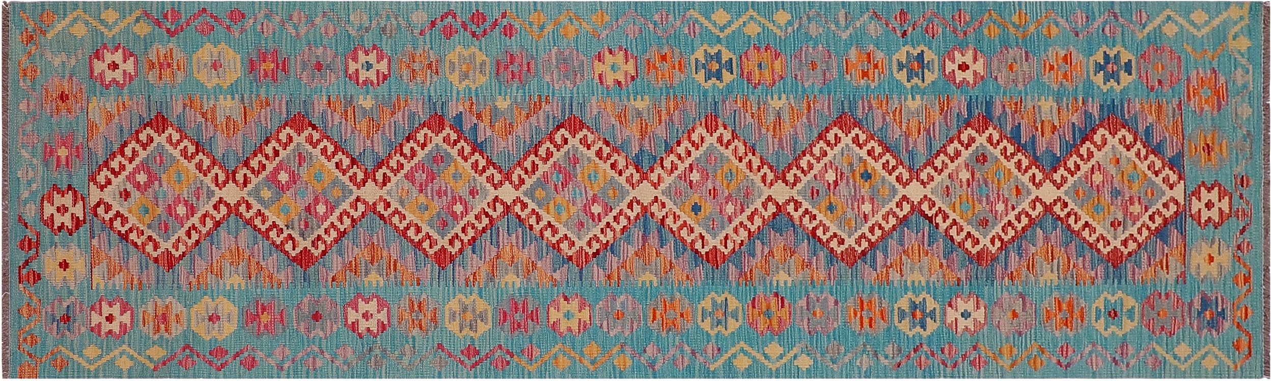handmade Geometric Kilim Red Blue Hand-Woven RUNNER 100% WOOL area rug 3x10