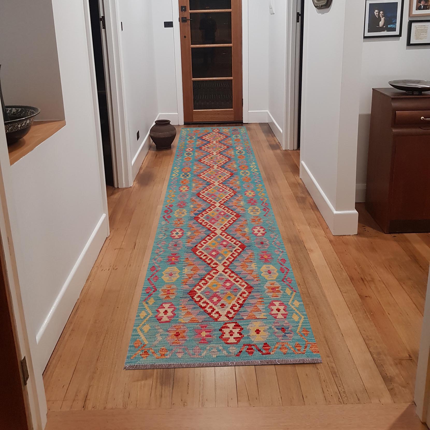handmade Geometric Kilim Red Blue Hand-Woven RUNNER 100% WOOL area rug 3x10