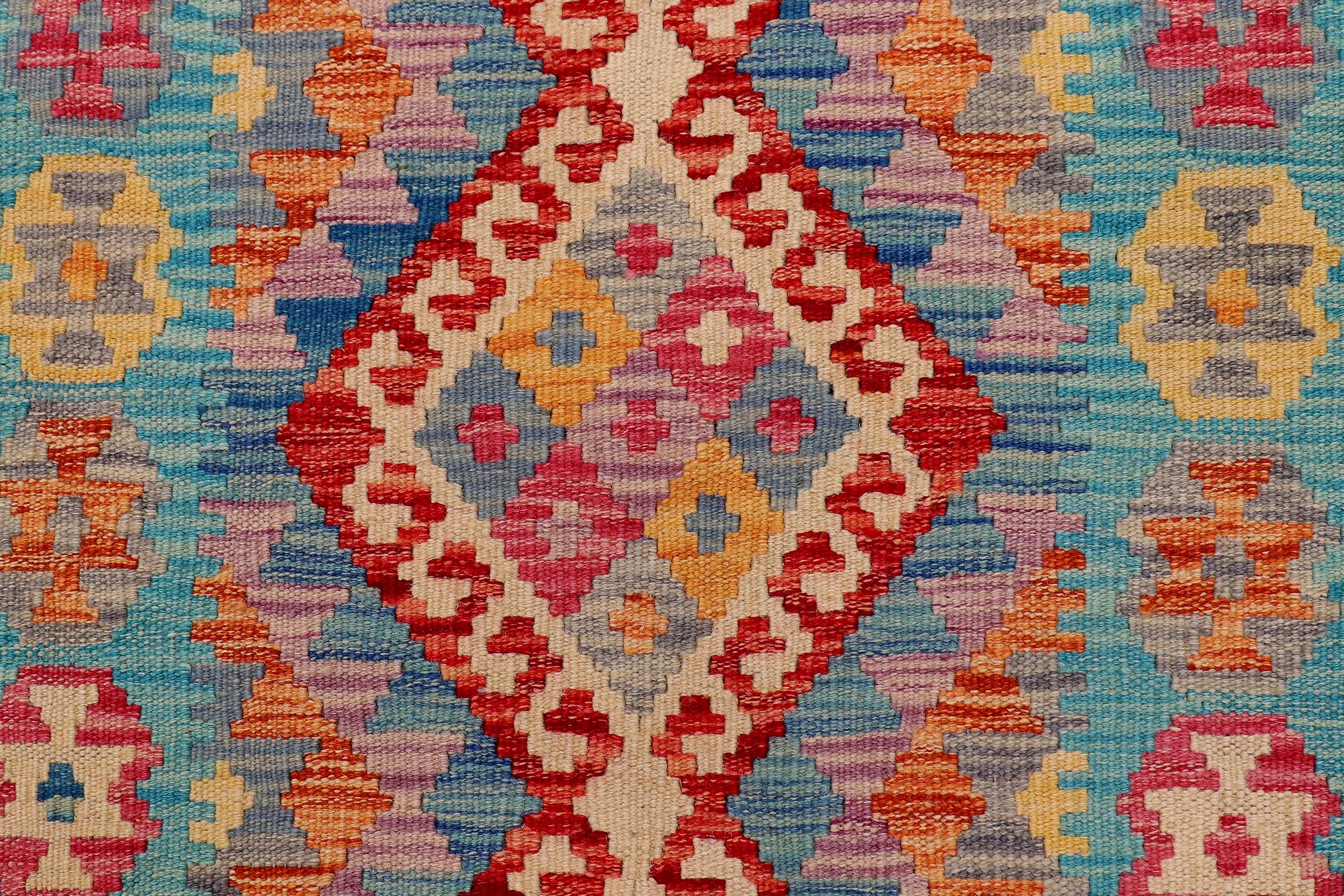 handmade Geometric Kilim Red Blue Hand-Woven RUNNER 100% WOOL area rug 3x10