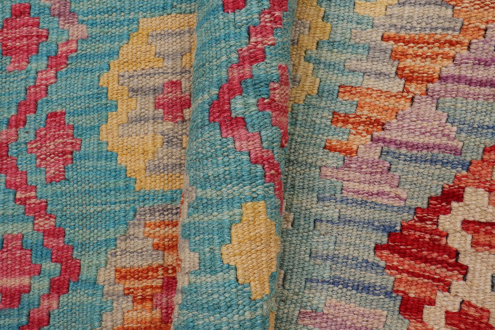 handmade Geometric Kilim Red Blue Hand-Woven RUNNER 100% WOOL area rug 3x10
