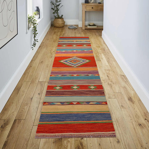 handmade Geometric Kilim Rust Blue Hand-Woven RUNNER 100% WOOL area rug 3x10