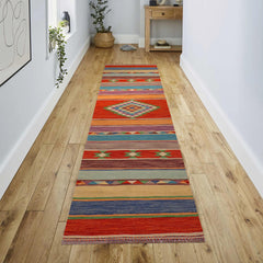handmade Geometric Kilim Rust Blue Hand-Woven RUNNER 100% WOOL area rug 3x10