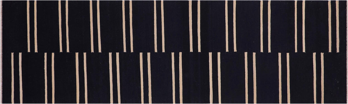 3x10 hand woven Turkish Modern Kilim wool rug in black and beige - Turkish Eclectic