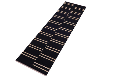 handmade Modern Kilim Black Beige Hand-Woven RUNNER 100% WOOL area rug 3 x 10