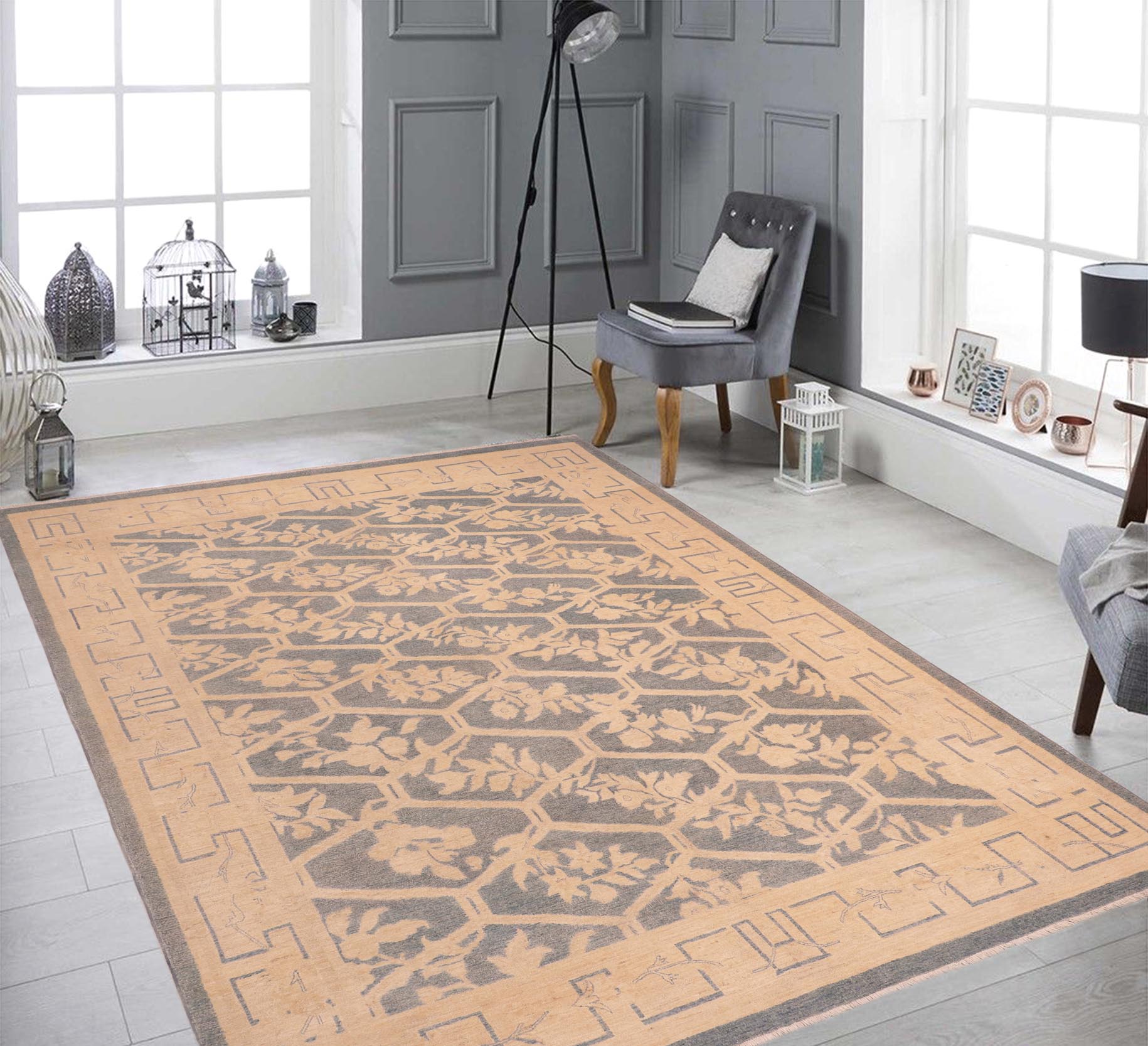 handmade Transitional Kafkaz Blue Beige Hand Knotted RECTANGLE 100% WOOL area rug 8' x 10'