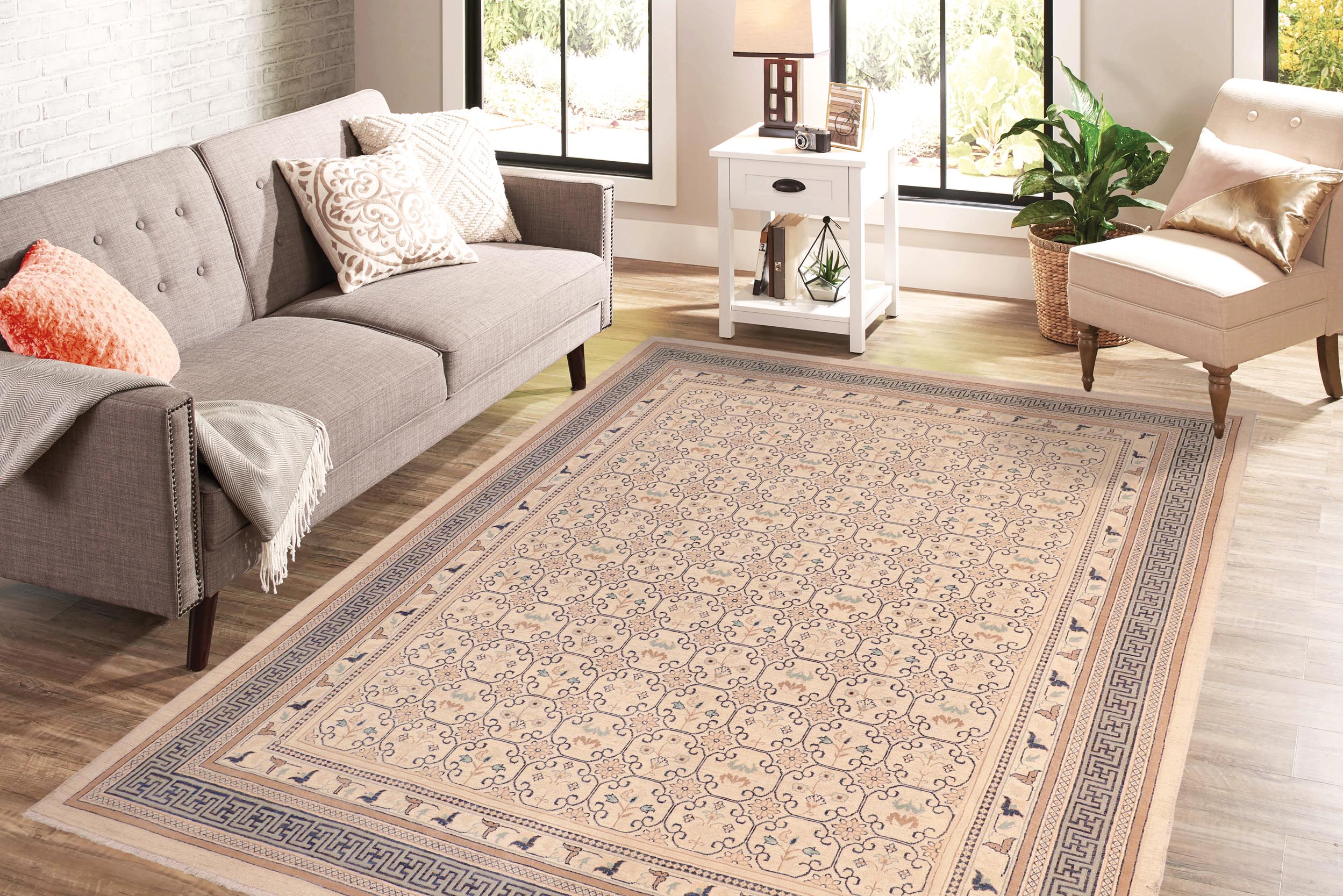 handmade Transitional Kafkaz Beige Lt. Green Hand Knotted RECTANGLE 100% WOOL area rug 8' x 10'