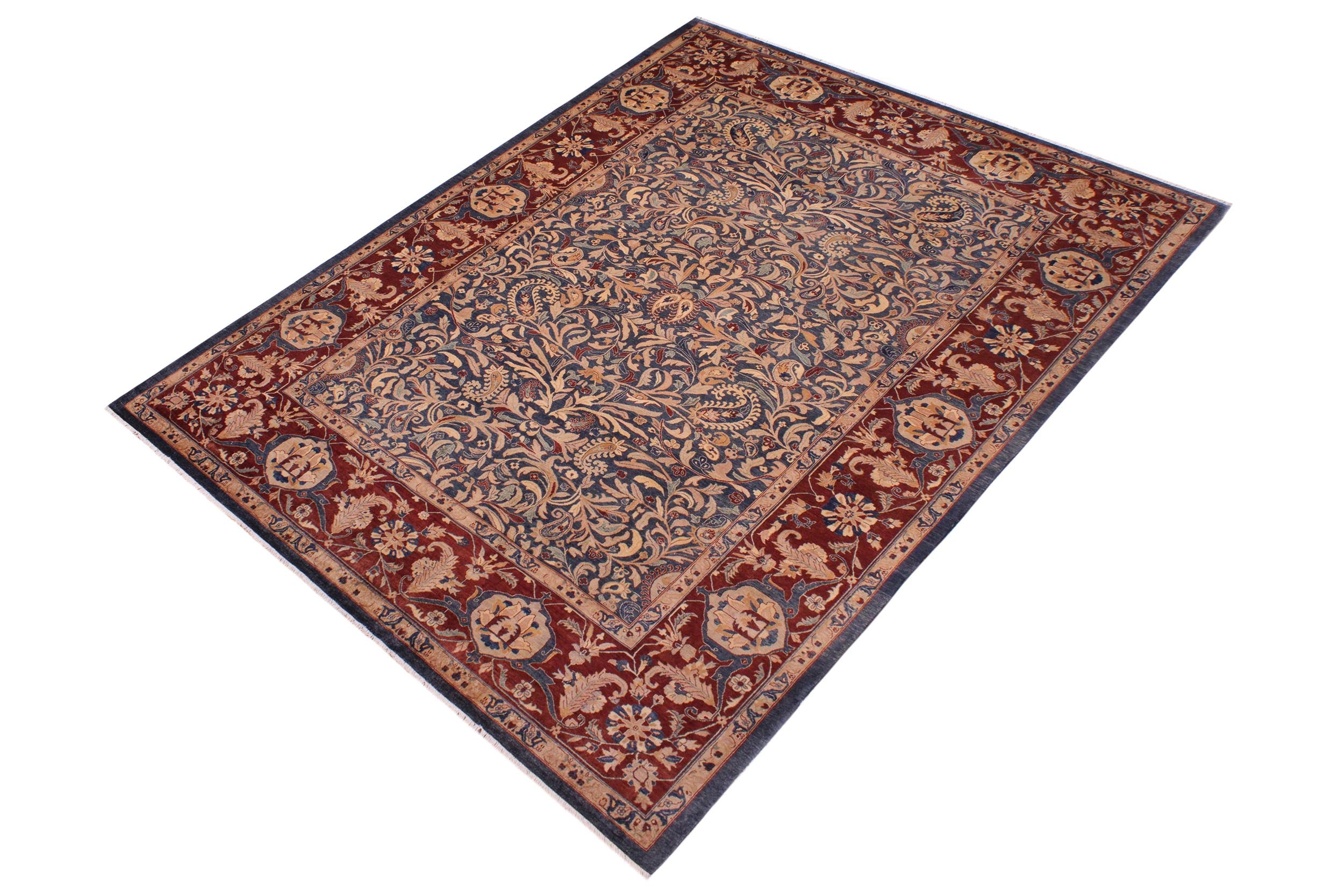 handmade Traditional Lahore Blue Aubergine Hand Knotted RECTANGLE 100% WOOL area rug 9' x 12'