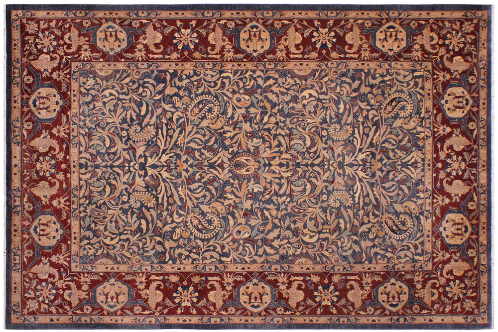 handmade Traditional Lahore Blue Aubergine Hand Knotted RECTANGLE 100% WOOL area rug 9' x 12'