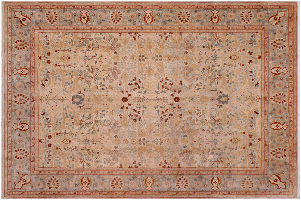 handmade Traditional Lahore Beige Lt. Blue Hand Knotted RECTANGLE 100% WOOL area rug 9' x 12'