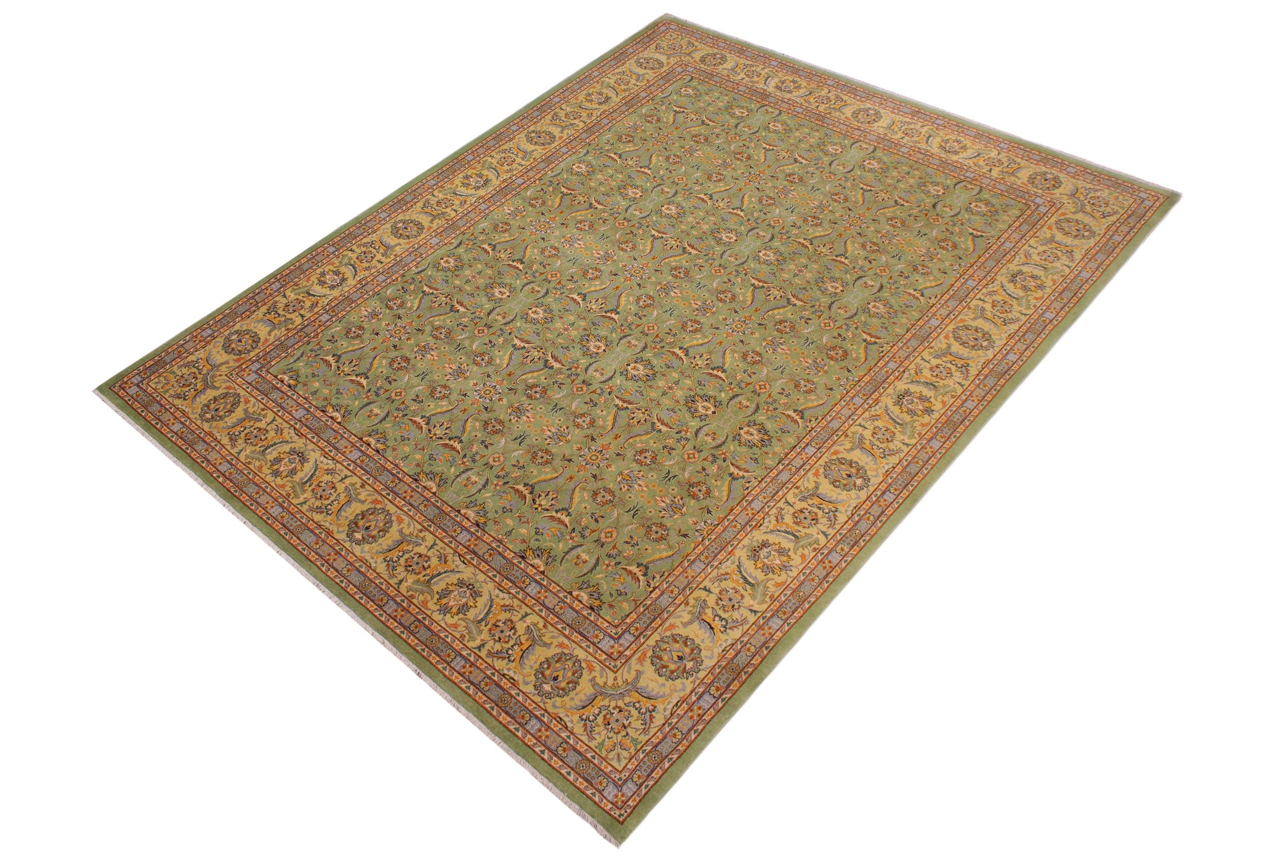 handmade Transitional  Green Lt. Gold Hand Knotted RECTANGLE 100% WOOL area rug 9' x 12'