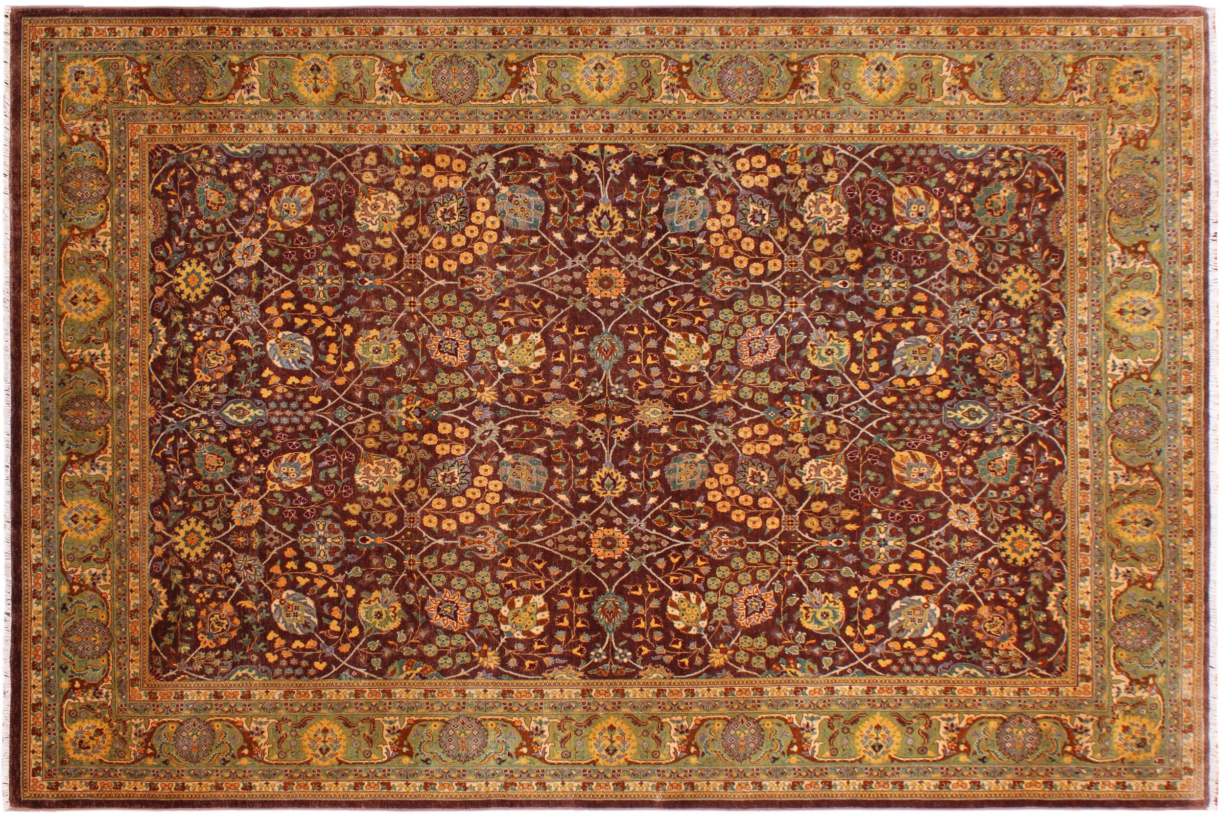 handmade Traditional Design Brown Lt. Green Hand Knotted RECTANGLE 100% WOOL area rug 9' x 12'