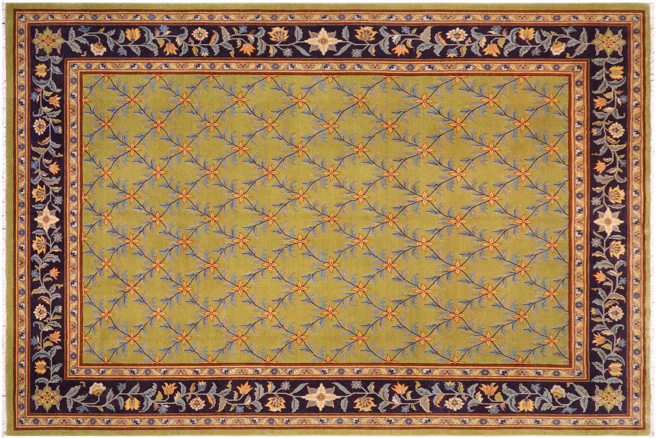 handmade Transitional Kafkaz Lime Green Blue Hand Knotted RECTANGLE 100% WOOL area rug 9' x 12'