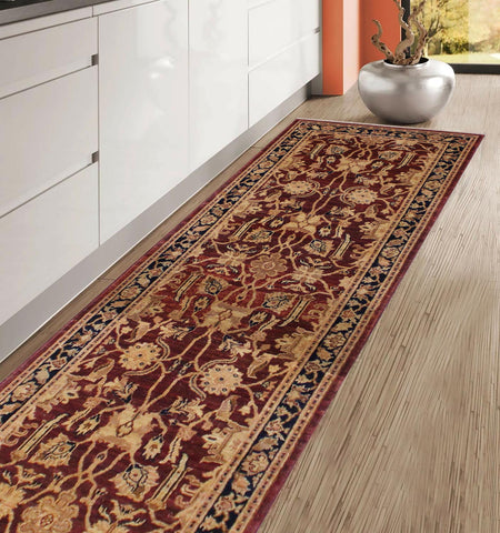 handmade Transitional Kafkaz Drk. Red Blue Hand Knotted RUNNER 100% WOOL area rug 3' x 12'