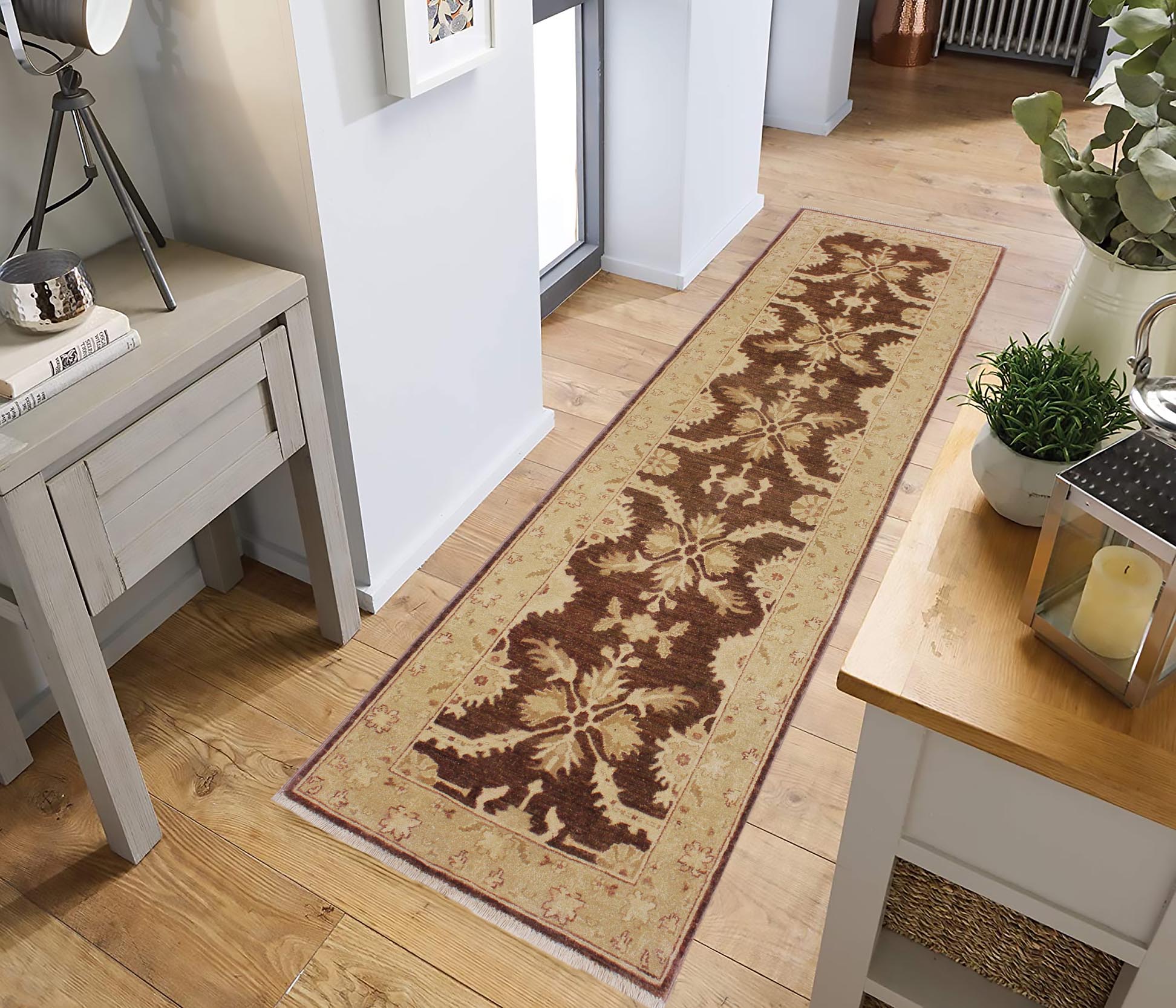 handmade Traditional Kafkaz Brown Tan Hand Knotted RUNNER 100% WOOL area rug 3' x 10'