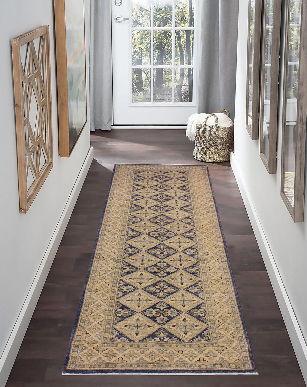 handmade Geometric Kafkaz Blue Beige Hand Knotted RUNNER 100% WOOL area rug 3' x 8'