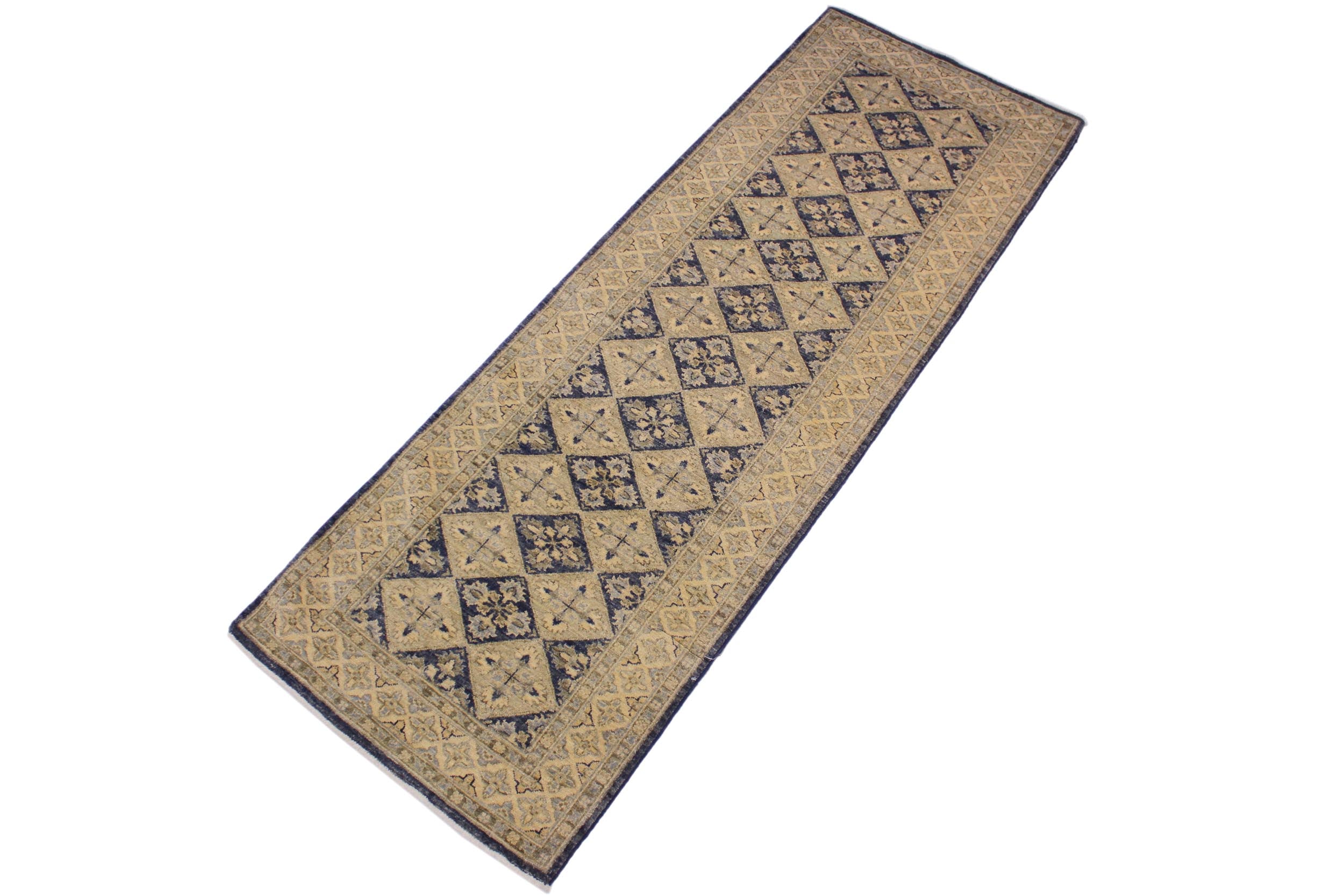 handmade Geometric Kafkaz Blue Beige Hand Knotted RUNNER 100% WOOL area rug 3' x 8'