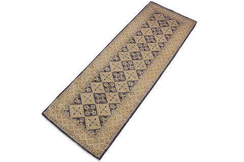 handmade Geometric Kafkaz Blue Beige Hand Knotted RUNNER 100% WOOL area rug 3' x 8'