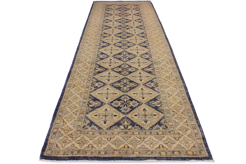 handmade Geometric Kafkaz Blue Beige Hand Knotted RUNNER 100% WOOL area rug 3' x 8'