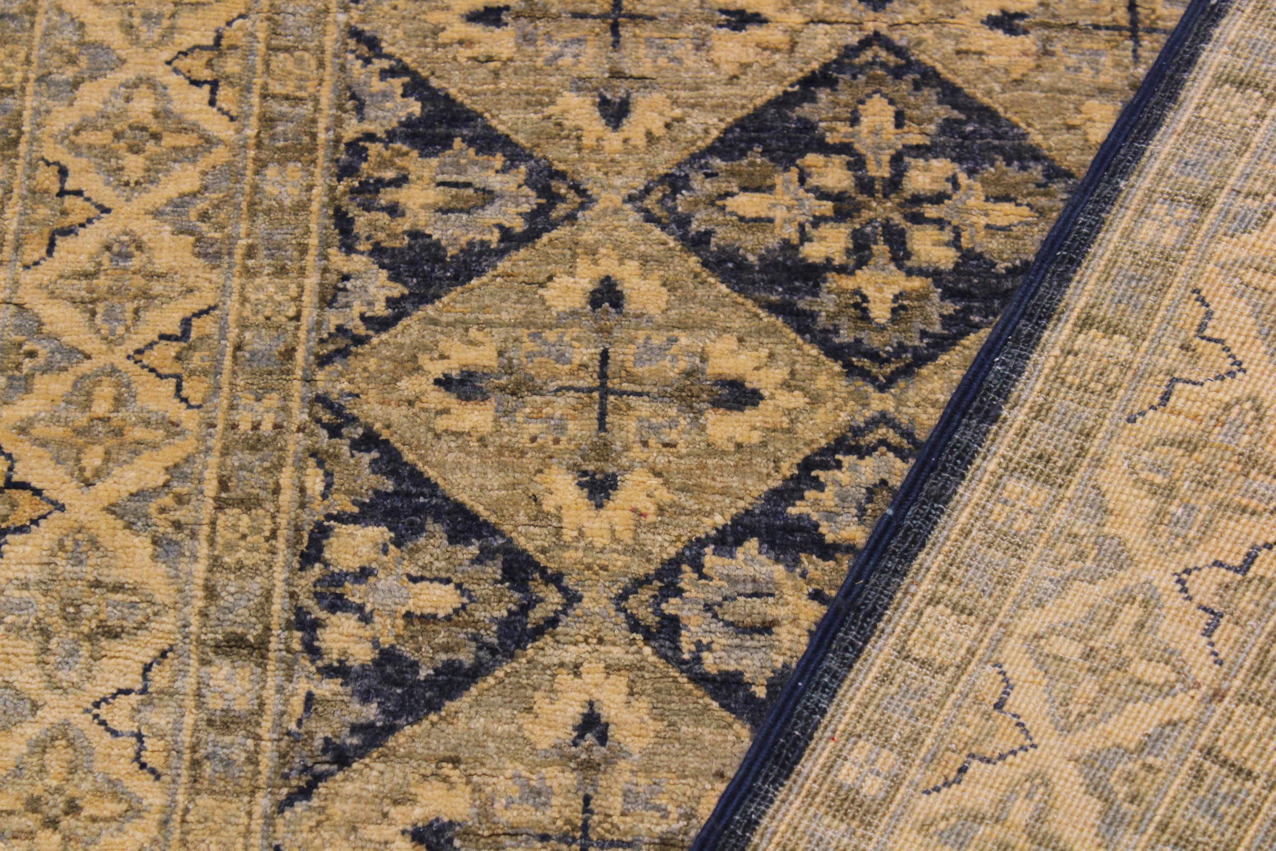 handmade Geometric Kafkaz Blue Beige Hand Knotted RUNNER 100% WOOL area rug 3' x 8'