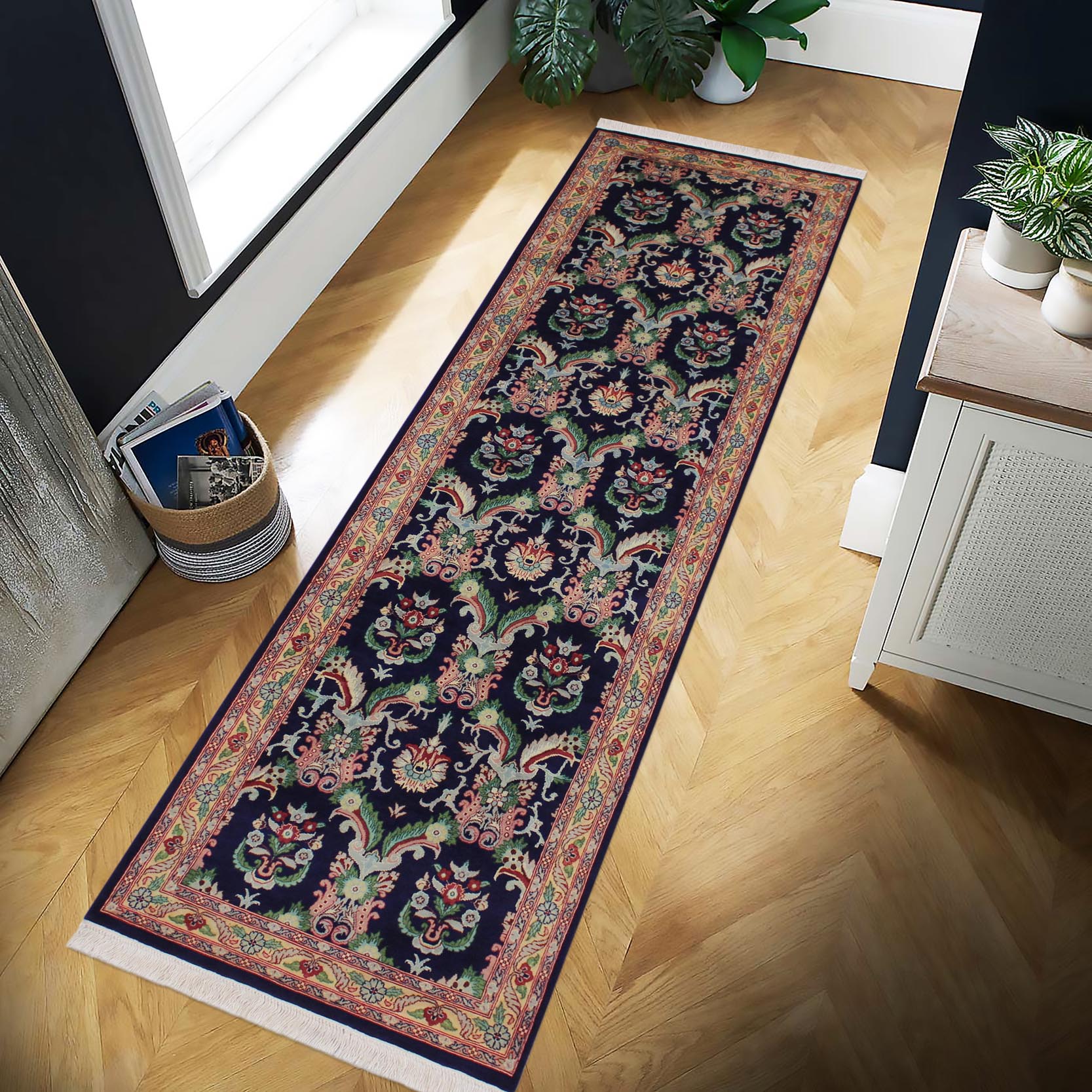 handmade Traditional Kashan Blue Gold Hand Knotted RUNNER 100% WOOL area rug 3' x 10'