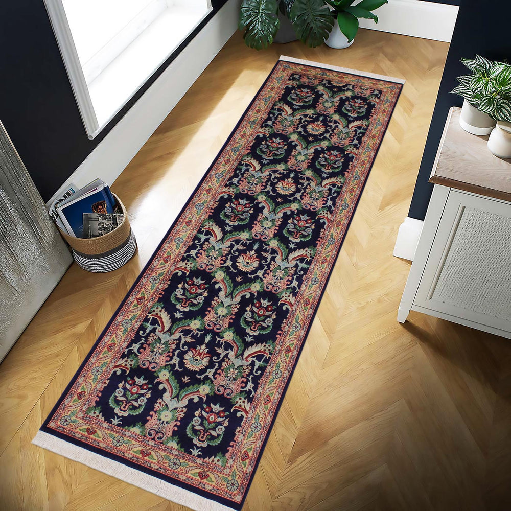 handmade Traditional Kashan Blue Gold Hand Knotted RUNNER 100% WOOL area rug 3' x 10'