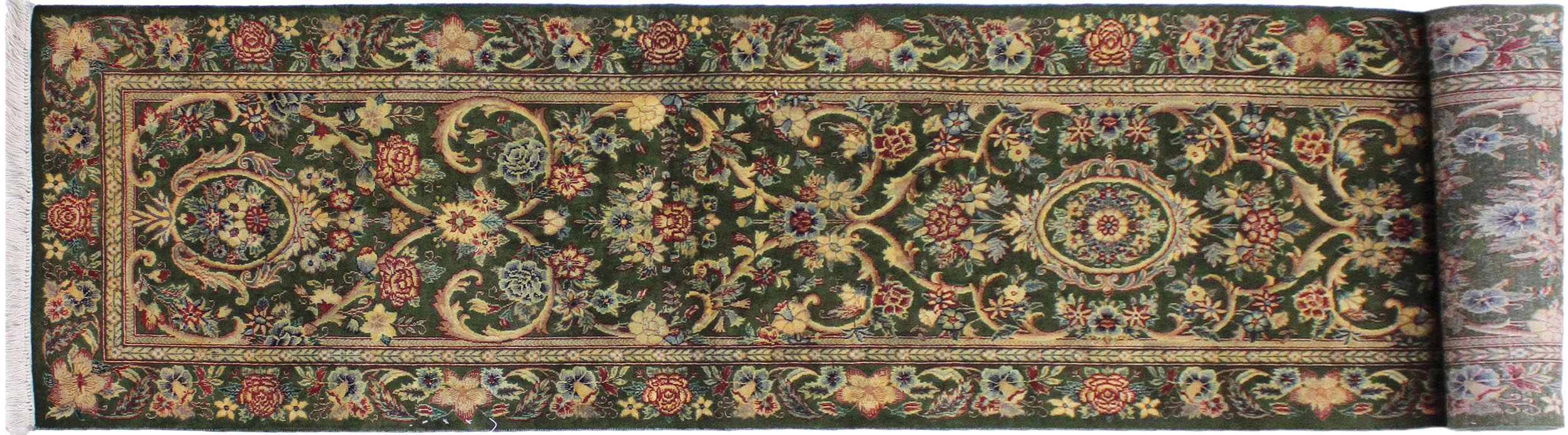 handmade Traditional Gulzar Green Gold Hand Knotted RUNNER 100% WOOL area rug 3' x 12'