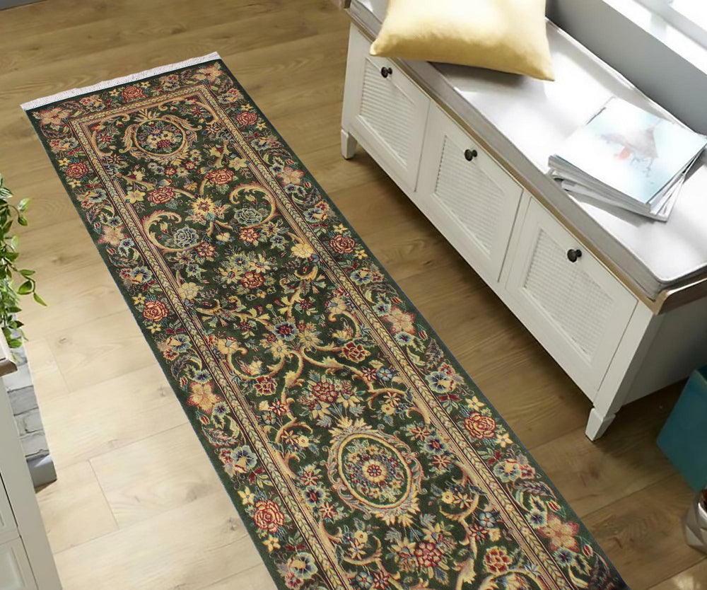 handmade Traditional Gulzar Green Gold Hand Knotted RUNNER 100% WOOL area rug 3' x 12'