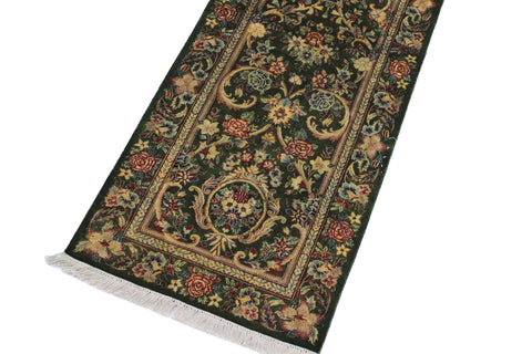 handmade Traditional Gulzar Green Gold Hand Knotted RUNNER 100% WOOL area rug 3' x 12'