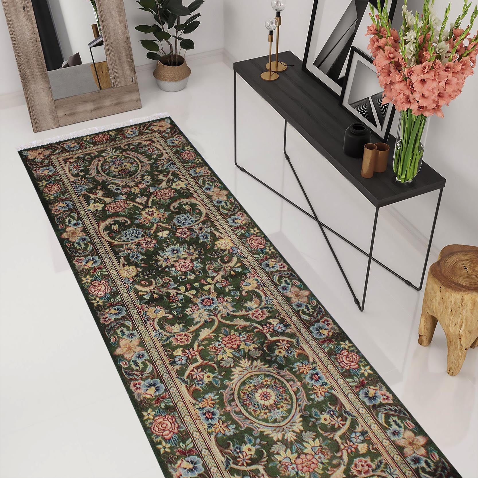 handmade Traditional Gulzar Green Blue Hand Knotted RUNNER 100% WOOL area rug 3' x 12'
