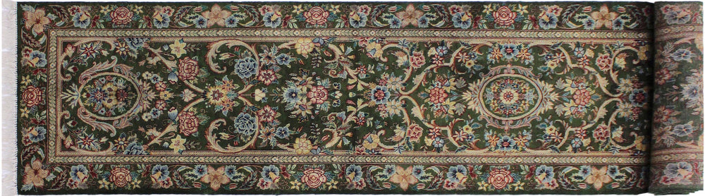 handmade Traditional Gulzar Green Blue Hand Knotted RUNNER 100% WOOL area rug 3' x 12'
