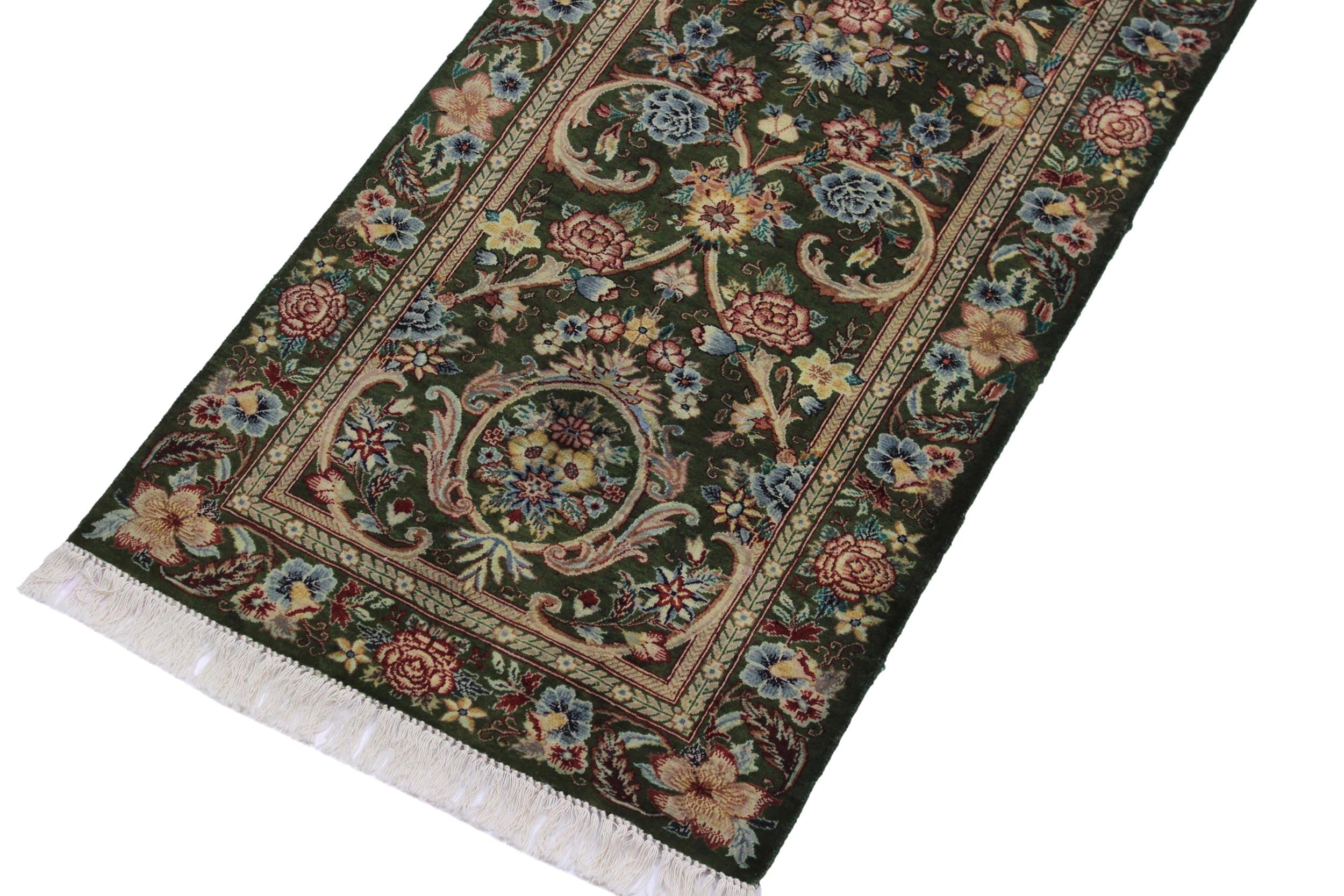 handmade Traditional Gulzar Green Blue Hand Knotted RUNNER 100% WOOL area rug 3' x 12'