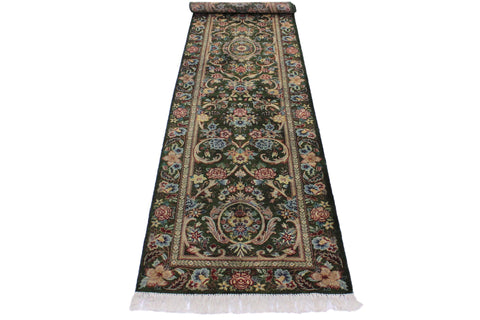 handmade Traditional Gulzar Green Blue Hand Knotted RUNNER 100% WOOL area rug 3' x 12'