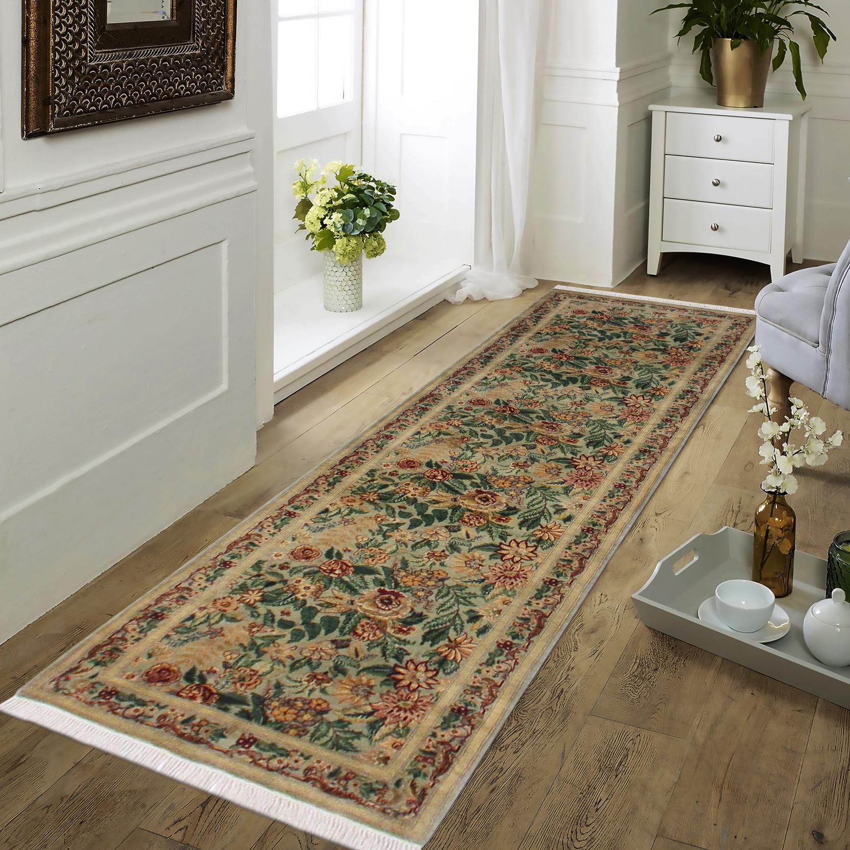 handmade Traditional Gohar Green Red Hand Knotted RUNNER 100% WOOL area rug 3' x 10'