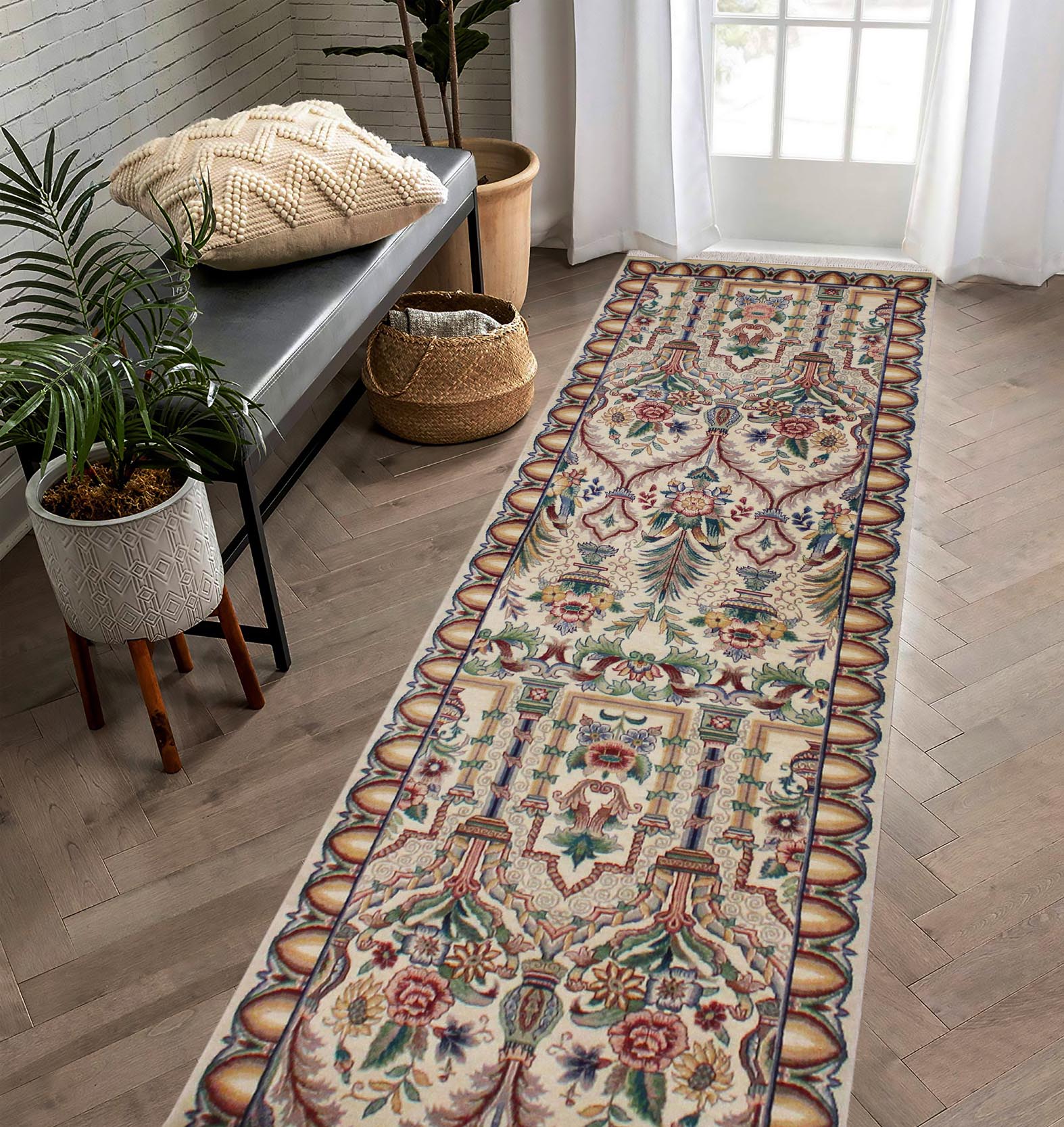 handmade Traditional Mahal Beige Blue Hand Knotted RUNNER 100% WOOL area rug 3' x 12'