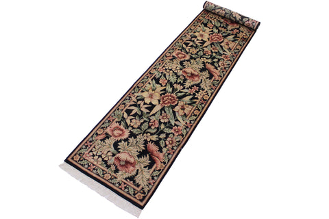 handmade Traditional Nawazish Black Pink Hand Knotted RUNNER 100% WOOL area rug 3' x 12'