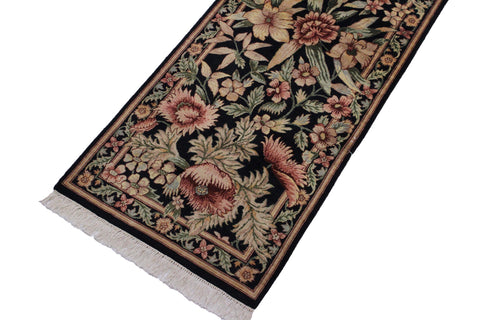handmade Traditional Nawazish Black Pink Hand Knotted RUNNER 100% WOOL area rug 3' x 12'