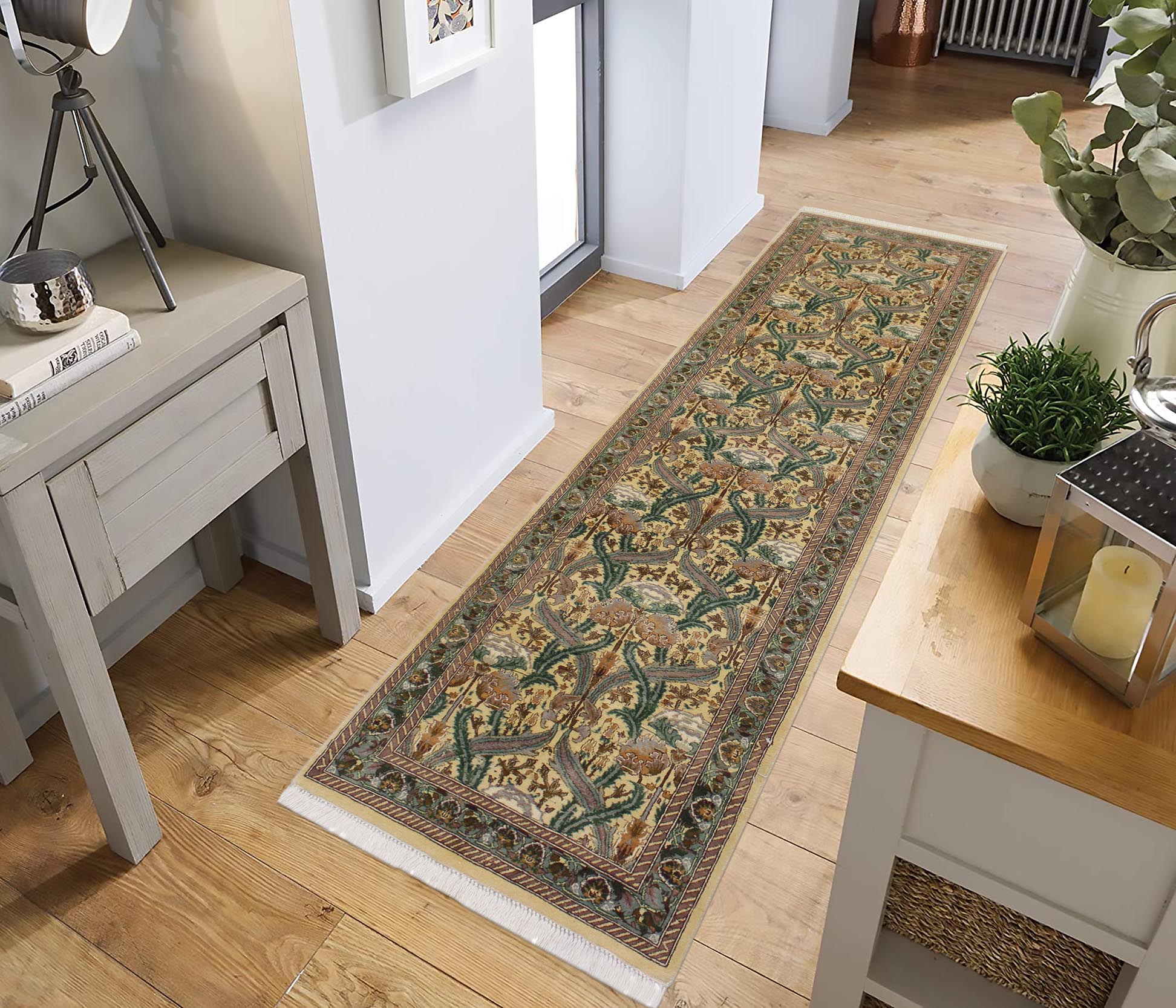 handmade Traditional Hamjolie Beige Green Hand Knotted RUNNER 100% WOOL area rug 2' x 10'