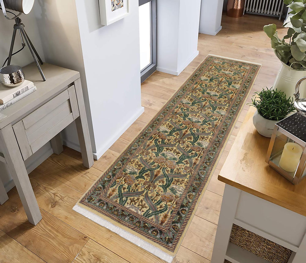 handmade Traditional Hamjolie Beige Green Hand Knotted RUNNER 100% WOOL area rug 2' x 10'