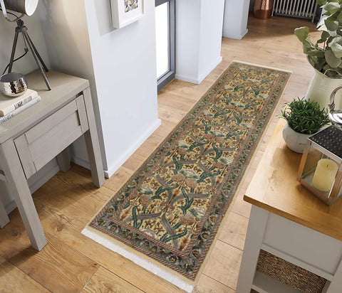 handmade Traditional Hamjolie Beige Green Hand Knotted RUNNER 100% WOOL area rug 2' x 10'