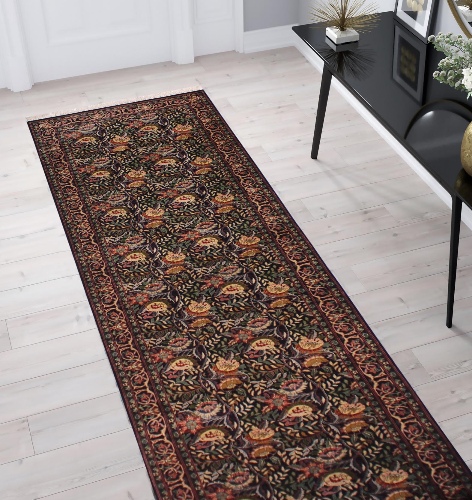handmade Traditional Morris Black Red Hand Knotted RUNNER 100% WOOL area rug 3' x 14'