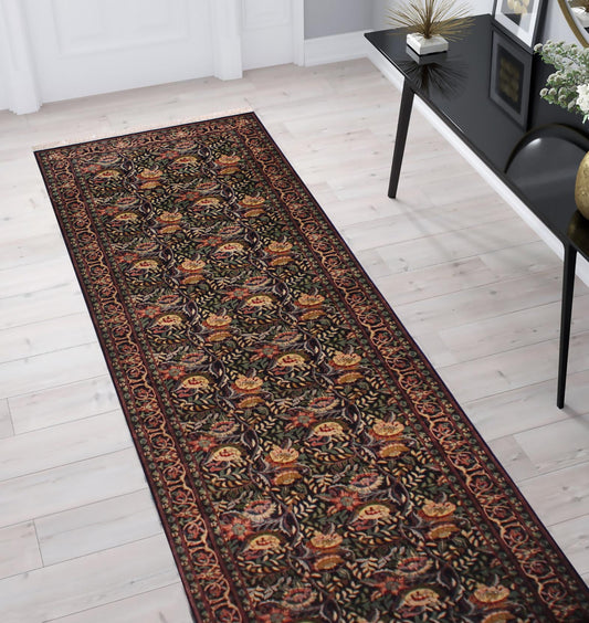 handmade Traditional Morris Black Red Hand Knotted RUNNER 100% WOOL area rug 3' x 14'