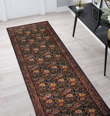 handmade Traditional Morris Black Red Hand Knotted RUNNER 100% WOOL area rug 3' x 14'