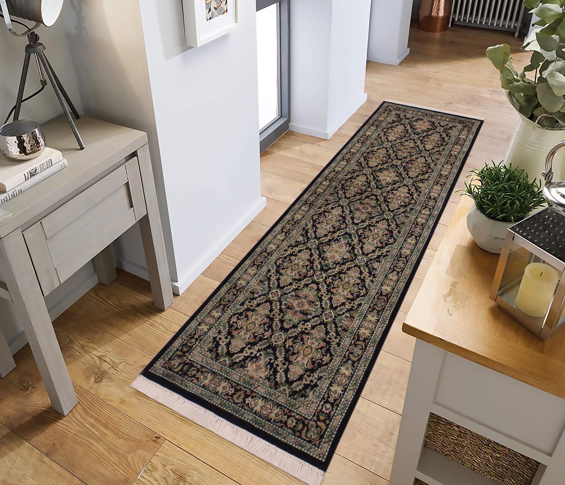handmade Traditional Tabriz Black Green Hand Knotted RUNNER 100% WOOL area rug 3' x 8'