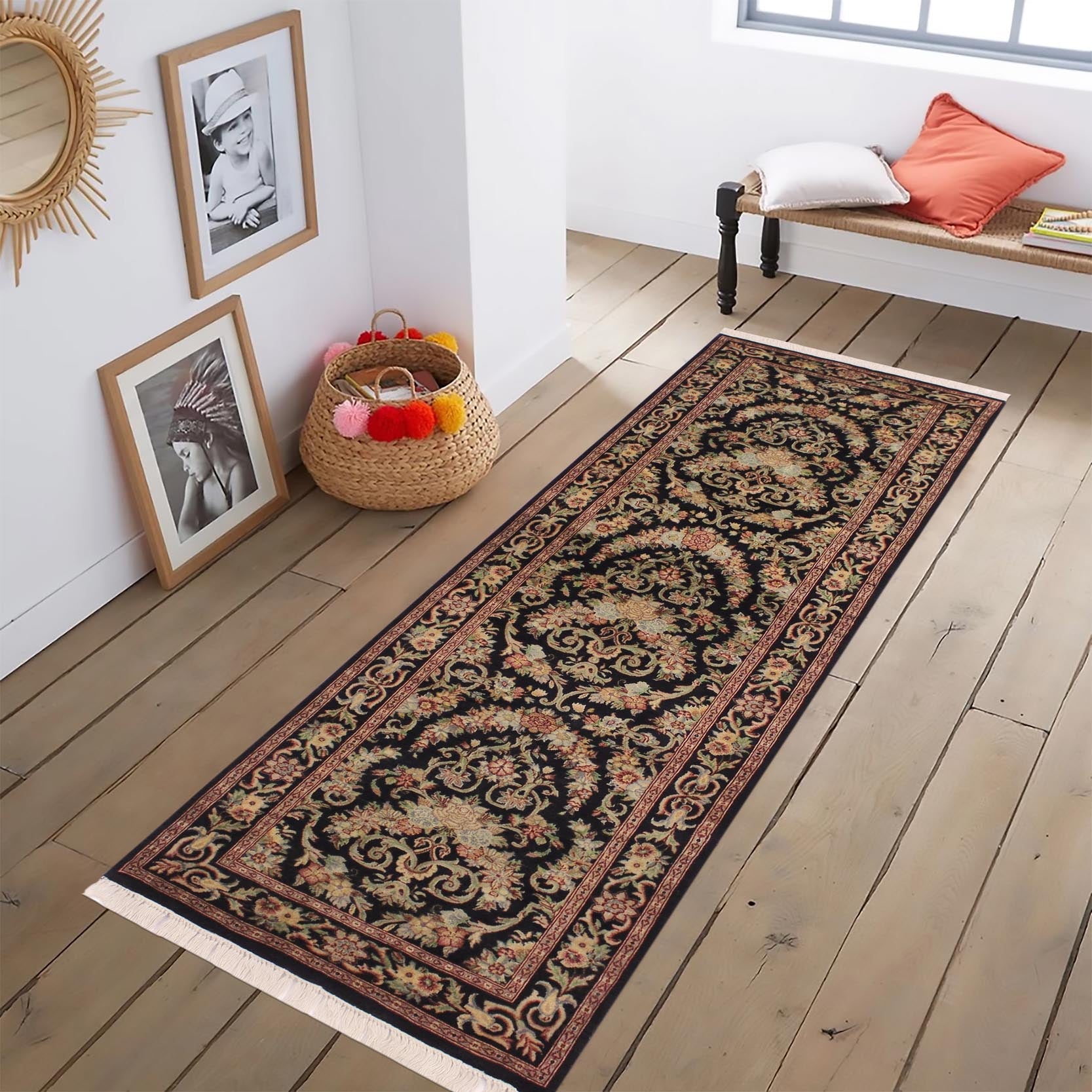 handmade Traditional Hamed Black Red Hand Knotted RUNNER 100% WOOL area rug 3' x 8'