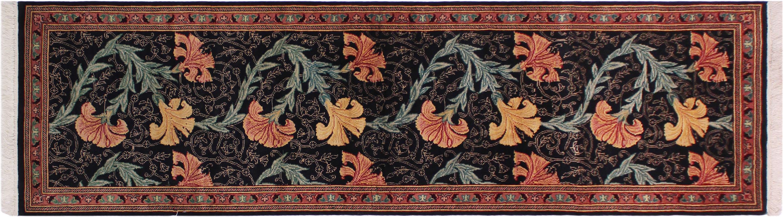 handmade Traditional Carnation Black Pink Hand Knotted RUNNER 100% WOOL area rug 3' x 8'