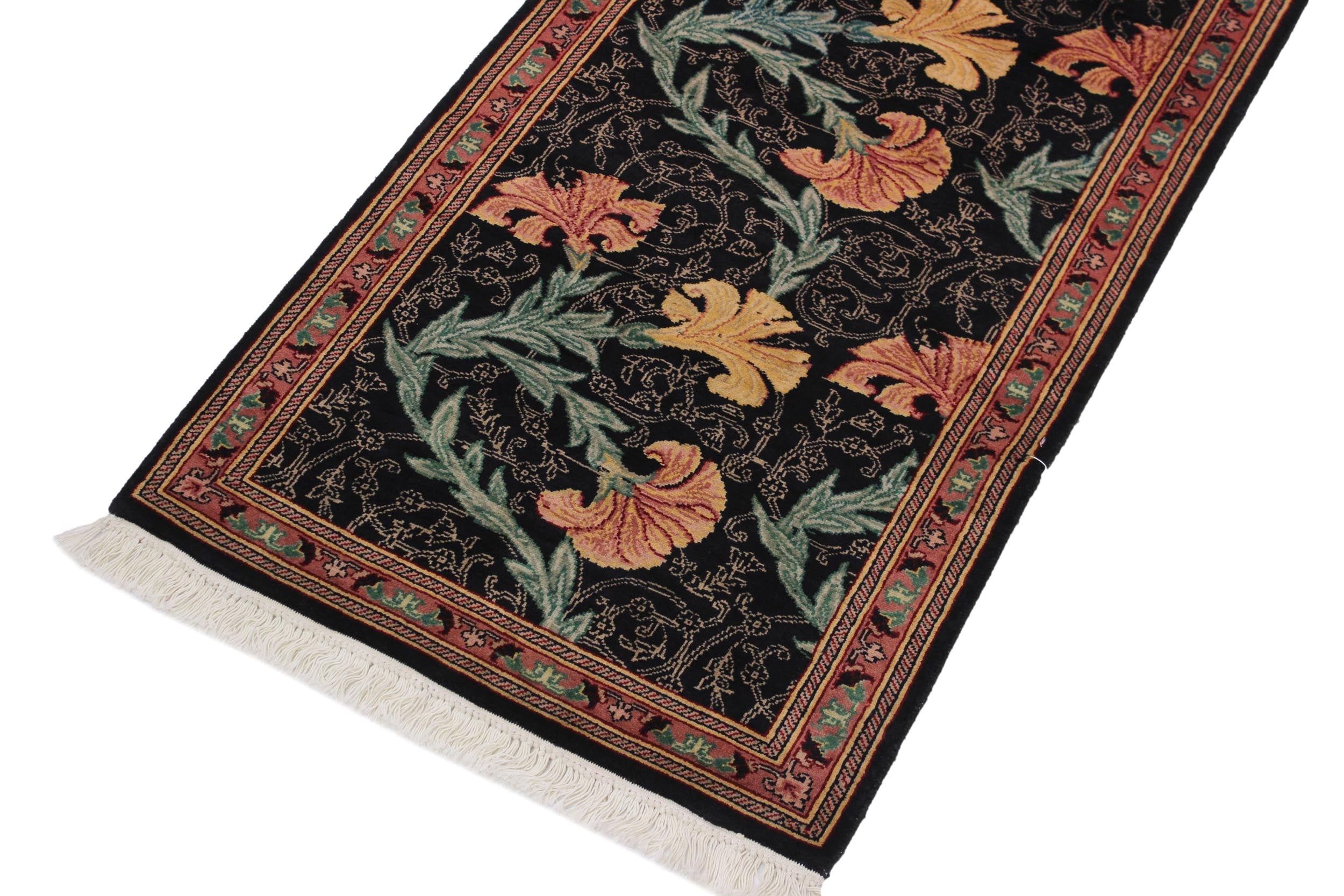 handmade Traditional Carnation Black Pink Hand Knotted RUNNER 100% WOOL area rug 3' x 8'