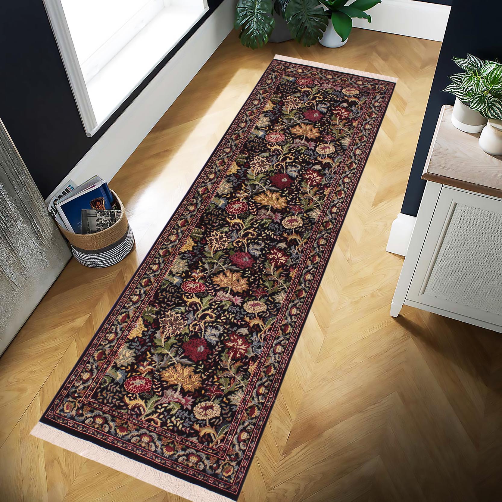 handmade Traditional Morris Black Red Hand Knotted RUNNER 100% WOOL area rug 3' x 8'