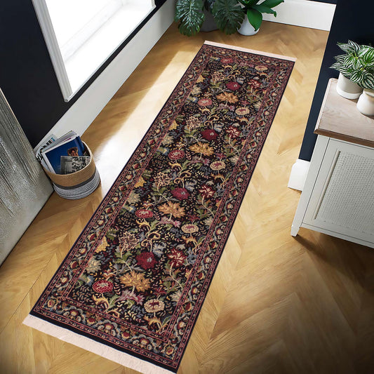 handmade Traditional Morris Black Red Hand Knotted RUNNER 100% WOOL area rug 3' x 8'