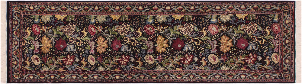 handmade Traditional Morris Black Red Hand Knotted RUNNER 100% WOOL area rug 3' x 8'